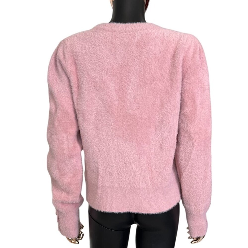 Bailey 44 Pink Fuzzy Sweater Gold Heart Button Cuff Crewneck Size L NWT - Picture 3 of 8